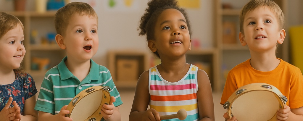 Kinder musizieren mit Tamburin und Holzblocktrommel